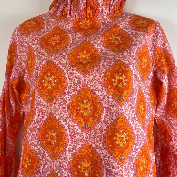Elizabeth Wilson Mandala Floral Print Top XS Orange Pink White Ruffle Collar - Picture 3 of 11